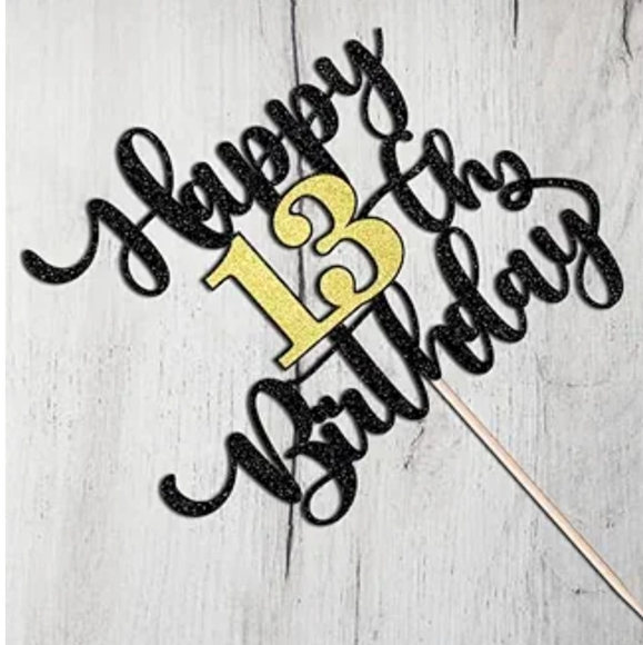 Black and Gold Happy 13th Birthday Cake Topper Lot Of 2 Packs - Picture 4 of 8